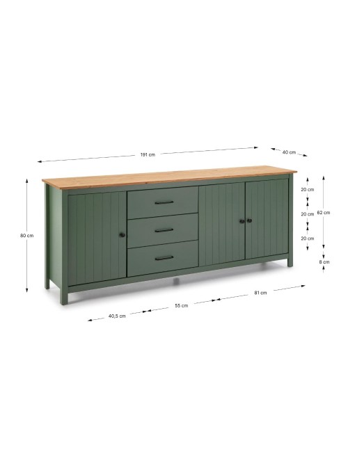 Credenza Miranda in legno massiccio colore verde e pino 191x40x80H - 3 Ante e 3 cassetti