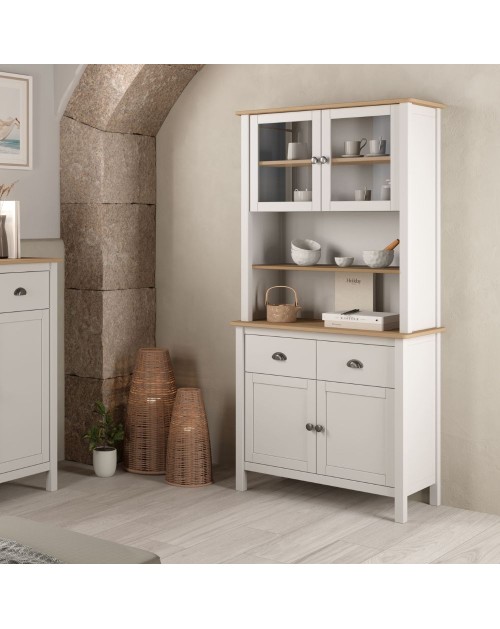 Credenza alta con vetrina Misti in legno massiccio bianco e rovere – 4 ante, 2 cassetti 90x40x180H