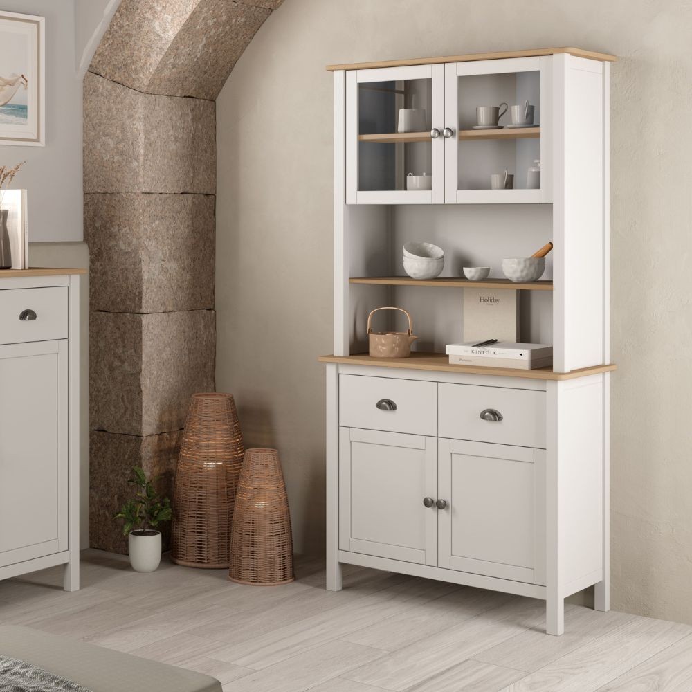 Credenza alta con vetrina Misti in legno massiccio bianco e rovere – 4 ante, 2 cassetti 90x40x180H