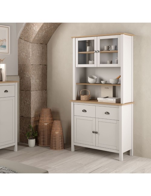 Credenza alta con vetrina Misti in legno massiccio bianco e rovere – 4 ante, 2 cassetti 90x40x180H
