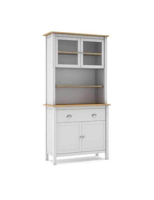 Credenza alta con vetrina Misti in legno massiccio bianco e rovere – 4 ante, 2 cassetti 90x40x180H