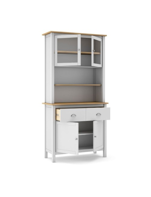 Credenza alta con vetrina Misti in legno massiccio bianco e rovere – 4 ante, 2 cassetti 90x40x180H