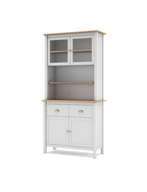 Credenza alta con vetrina Misti in legno massiccio bianco e rovere – 4 ante, 2 cassetti 90x40x180H