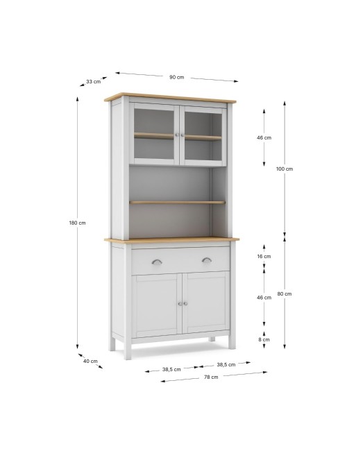 Credenza alta con vetrina Misti in legno massiccio bianco e rovere – 4 ante, 2 cassetti 90x40x180H