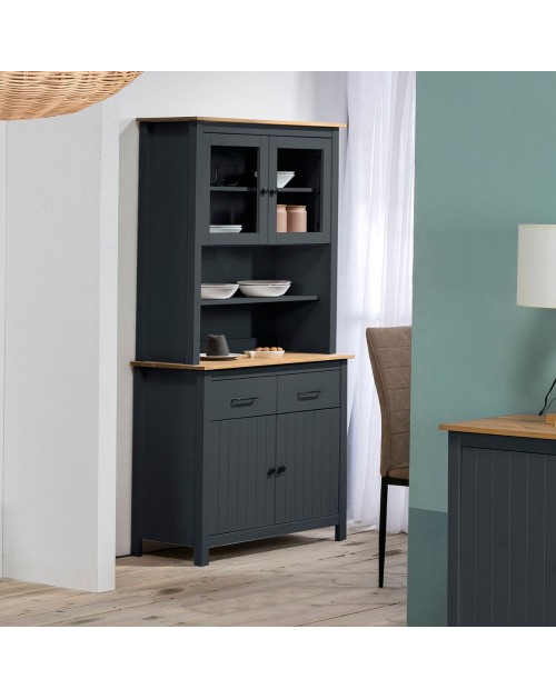 Credenza alta con vetrina Miranda in legno massiccio colore blu e rovere 90x40x180H - 4 ante e 2 cassetti