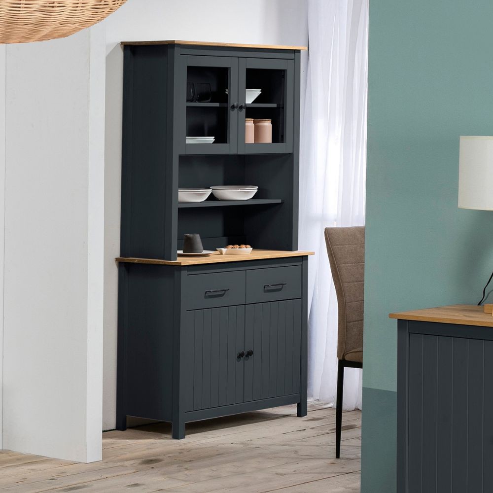 Credenza alta con vetrina Miranda in legno massiccio colore blu e rovere 90x40x180H - 4 ante e 2 cassetti