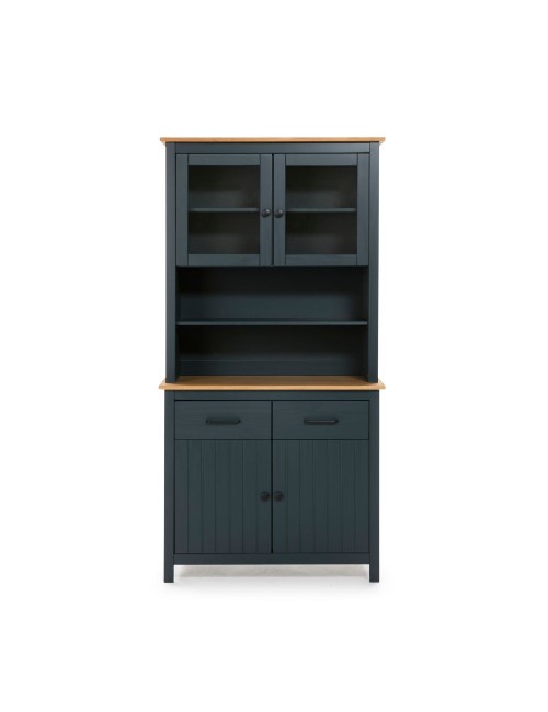 Credenza alta con vetrina Miranda in legno massiccio colore blu e rovere 90x40x180H - 4 ante e 2 cassetti