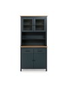 Credenza alta con vetrina Miranda in legno massiccio colore blu e rovere 90x40x180H - 4 ante e 2 cassetti