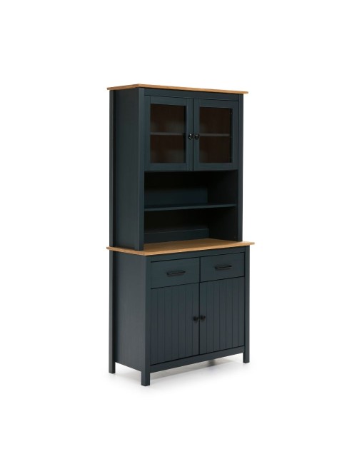 Credenza alta con vetrina Miranda in legno massiccio colore blu e rovere 90x40x180H - 4 ante e 2 cassetti