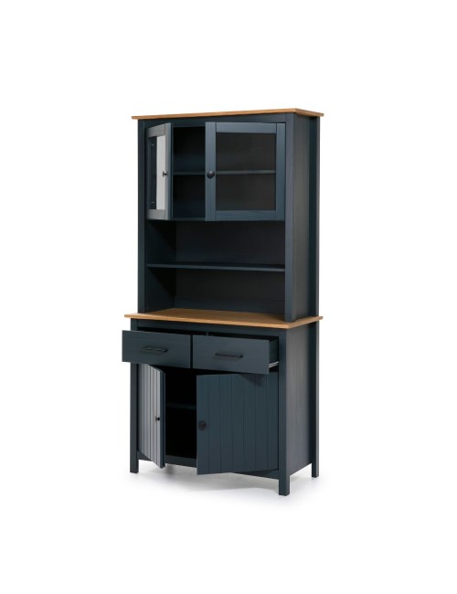 Credenza alta con vetrina Miranda in legno massiccio colore blu e rovere 90x40x180H - 4 ante e 2 cassetti