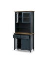 Credenza alta con vetrina Miranda in legno massiccio colore blu e rovere 90x40x180H - 4 ante e 2 cassetti