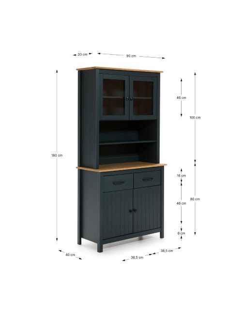 Credenza alta con vetrina Miranda in legno massiccio colore blu e rovere 90x40x180H - 4 ante e 2 cassetti