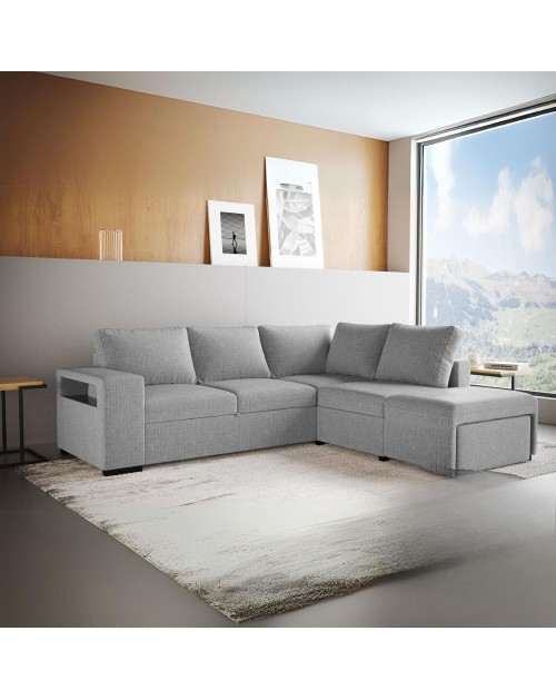 Divano Letto Angolare reversibile Jozzis grigio con funzione letto e bracciolo contenitore 248,5x209x90,5H