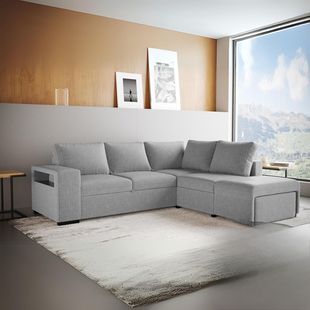 Divano Letto Angolare reversibile Jozzis grigio con funzione letto e bracciolo contenitore 248,5x209x90,5H