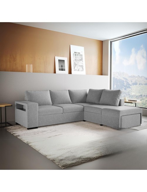 Divano Letto Angolare reversibile Jozzis grigio con funzione letto e bracciolo contenitore 248,5x209x90,5H