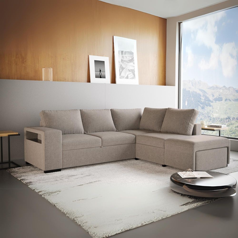 Divano Letto Angolare reversibile Jozzis sabbia con funzione letto e bracciolo contenitore 248,5x209x90,5H
