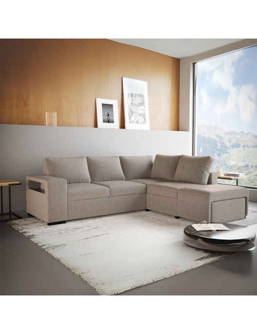 Divano Letto Angolare reversibile Jozzis sabbia con funzione letto e bracciolo contenitore 248,5x209x90,5H