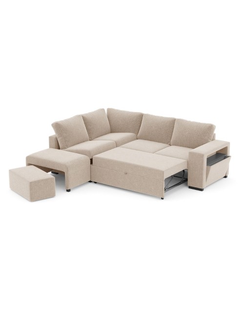 Divano Letto Angolare reversibile Jozzis sabbia con funzione letto e bracciolo contenitore 248,5x209x90,5H