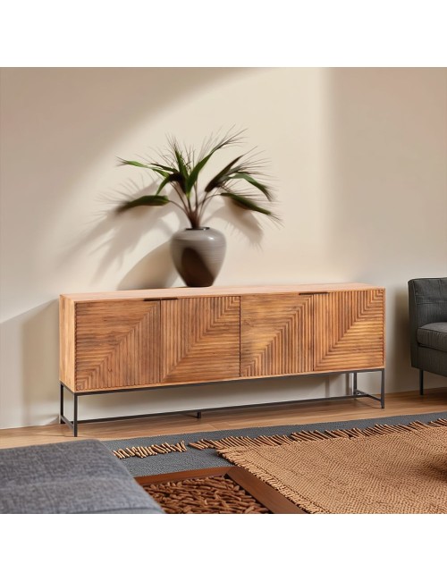 Credenza Nereida in legno massiccio di mango con gambe in metallo Nero 210x40x80H