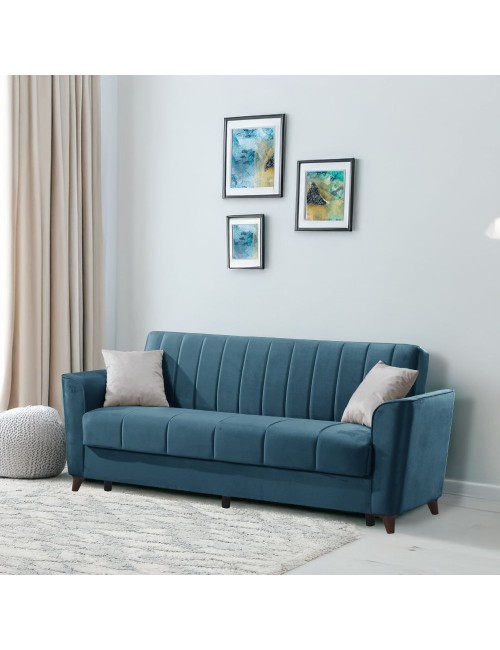 Divano letto Duca 3 posti blu con contenitore e funzione letto 223x86x89H