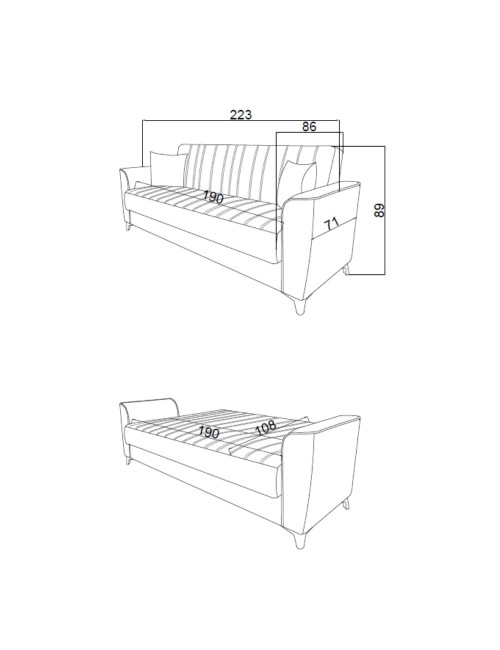 Divano letto Duca 3 posti marrone con contenitore e funzione letto 223x86x89H