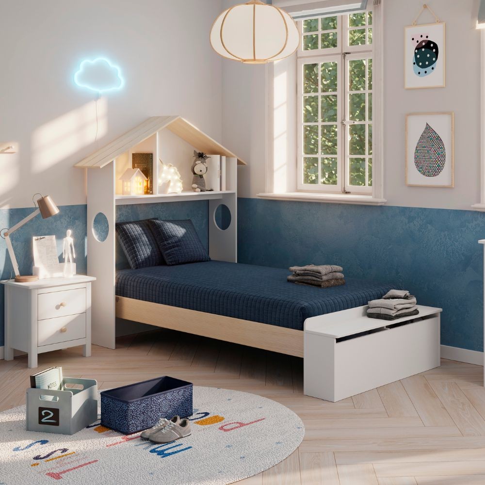 Letto singolo Odessa in legno massiccio con testiera a casetta e pediera contenitore bianco 216,5x128,5x153H