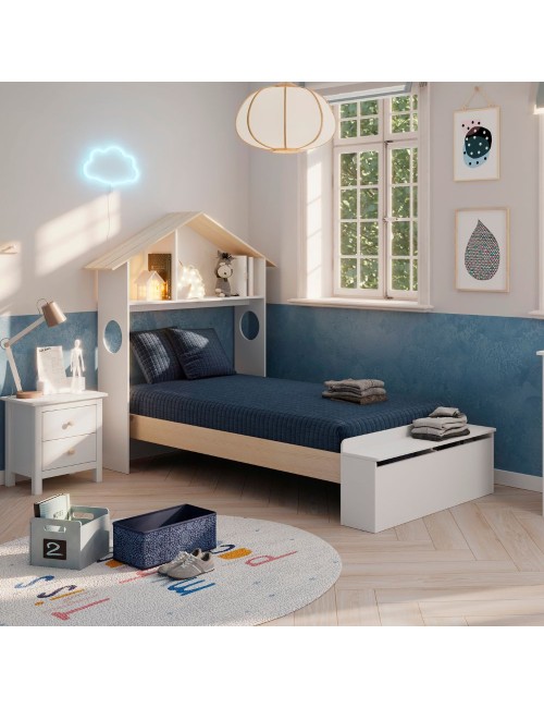 Letto singolo Odessa in legno massiccio con testiera a casetta e pediera contenitore bianco 216,5x128,5x153H