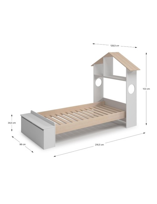 Letto singolo Odessa in legno massiccio con testiera a casetta e pediera contenitore bianco 216,5x128,5x153H