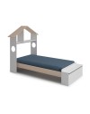 Letto singolo Odessa in legno massiccio con testiera a casetta e pediera contenitore bianco 216,5x128,5x153H