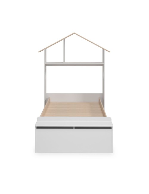 Letto singolo Odessa in legno massiccio con testiera a casetta e pediera contenitore bianco 216,5x128,5x153H