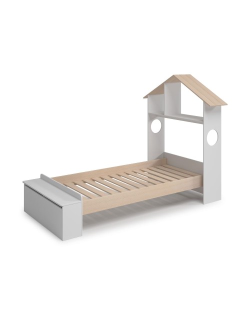 Letto singolo Odessa in legno massiccio con testiera a casetta e pediera contenitore bianco 216,5x128,5x153H