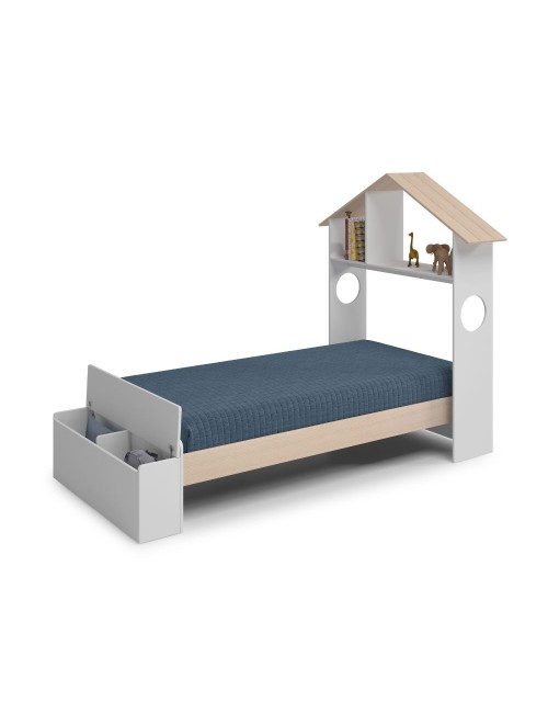 Letto singolo Odessa in legno massiccio con testiera a casetta e pediera contenitore bianco 216,5x128,5x153H