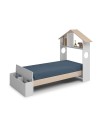 Letto singolo Odessa in legno massiccio con testiera a casetta e pediera contenitore bianco 216,5x128,5x153H