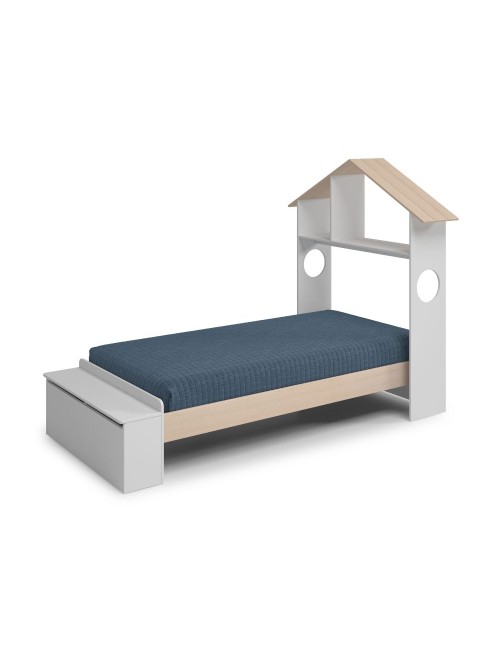 Letto singolo Odessa in legno massiccio con testiera a casetta e pediera contenitore bianco 216,5x128,5x153H