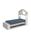 Letto singolo Odessa in legno massiccio con testiera a casetta e pediera contenitore bianco 216,5x128,5x153H