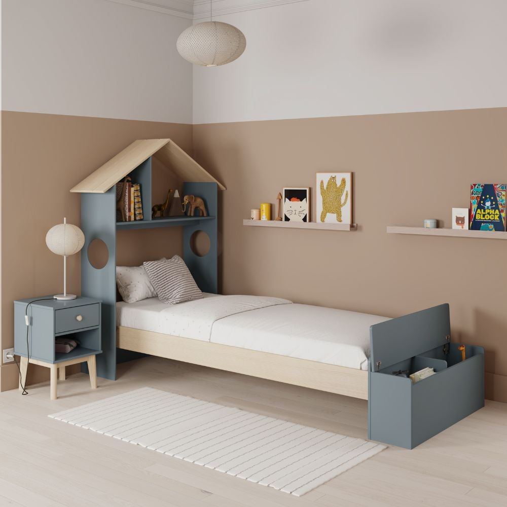 Letto singolo Odessa in legno massiccio con testiera a casetta e pediera contenitore verde cachi e pino 216,5x128,5x153H
