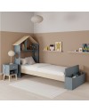 Letto singolo Odessa in legno massiccio con testiera a casetta e pediera contenitore verde cachi e pino 216,5x128,5x153H