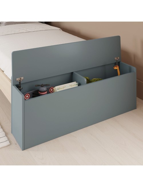 Letto singolo Odessa in legno massiccio con testiera a casetta e pediera contenitore verde cachi e pino 216,5x128,5x153H