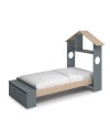 Letto singolo Odessa in legno massiccio con testiera a casetta e pediera contenitore verde cachi e pino 216,5x128,5x153H