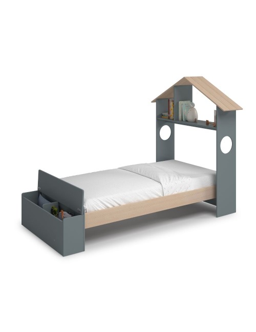 Letto singolo Odessa in legno massiccio con testiera a casetta e pediera contenitore verde cachi e pino 216,5x128,5x153H