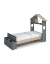 Letto singolo Odessa in legno massiccio con testiera a casetta e pediera contenitore verde cachi e pino 216,5x128,5x153H