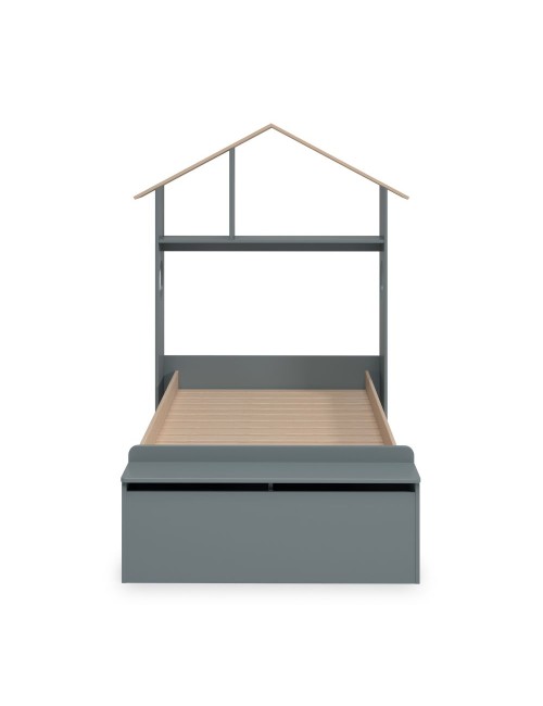 Letto singolo Odessa in legno massiccio con testiera a casetta e pediera contenitore verde cachi e pino 216,5x128,5x153H