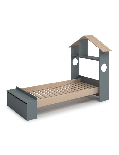 Letto singolo Odessa in legno massiccio con testiera a casetta e pediera contenitore verde cachi e pino 216,5x128,5x153H