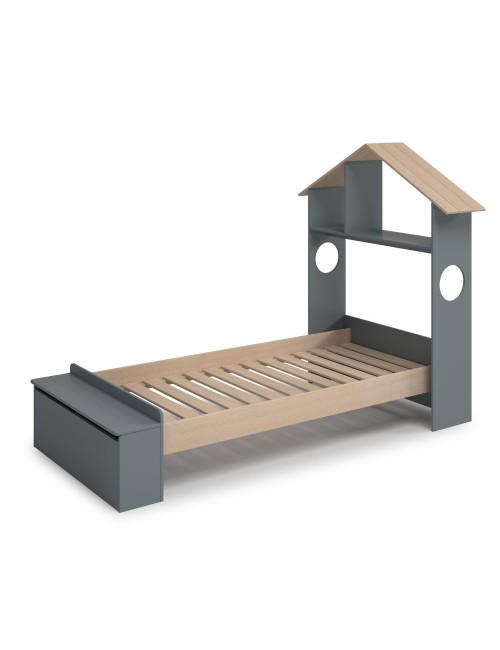 Letto singolo Odessa in legno massiccio con testiera a casetta e pediera contenitore verde cachi e pino 216,5x128,5x153H
