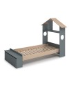 Letto singolo Odessa in legno massiccio con testiera a casetta e pediera contenitore verde cachi e pino 216,5x128,5x153H