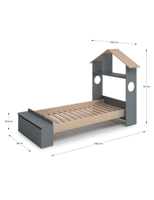 Letto singolo Odessa in legno massiccio con testiera a casetta e pediera contenitore verde cachi e pino 216,5x128,5x153H