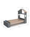 Letto singolo Odessa in legno massiccio con testiera a casetta e pediera contenitore verde cachi e pino 216,5x128,5x153H