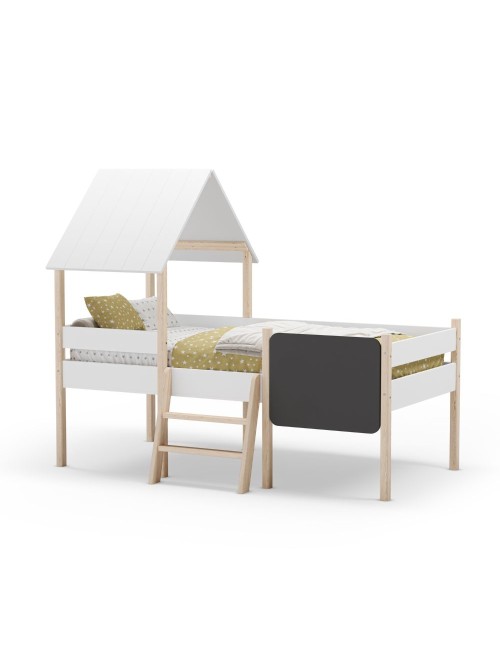 Letto rialzato a casetta Mint in legno massiccio bianco e pino con lavagnetta