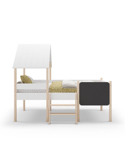 Letto rialzato a casetta Mint in legno massiccio bianco e pino con lavagnetta