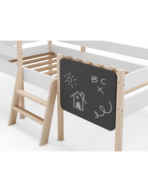 Letto rialzato a casetta Mint in legno massiccio bianco e pino con lavagnetta